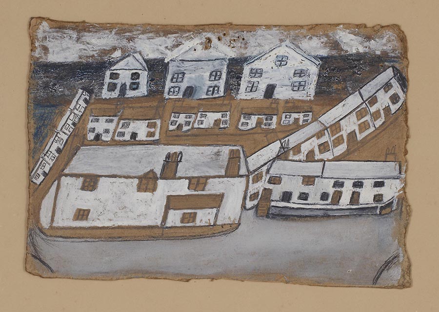 LOT 10 | § ◆ ALFRED WALLIS (BRITISH 1855-1942) | HOUSES IN ST. IVES oil, pencil and chalk on cardboard | 18.5cm x 26.5cm (7.25in x 10.5in) | £30,000 - £50,000 + fees